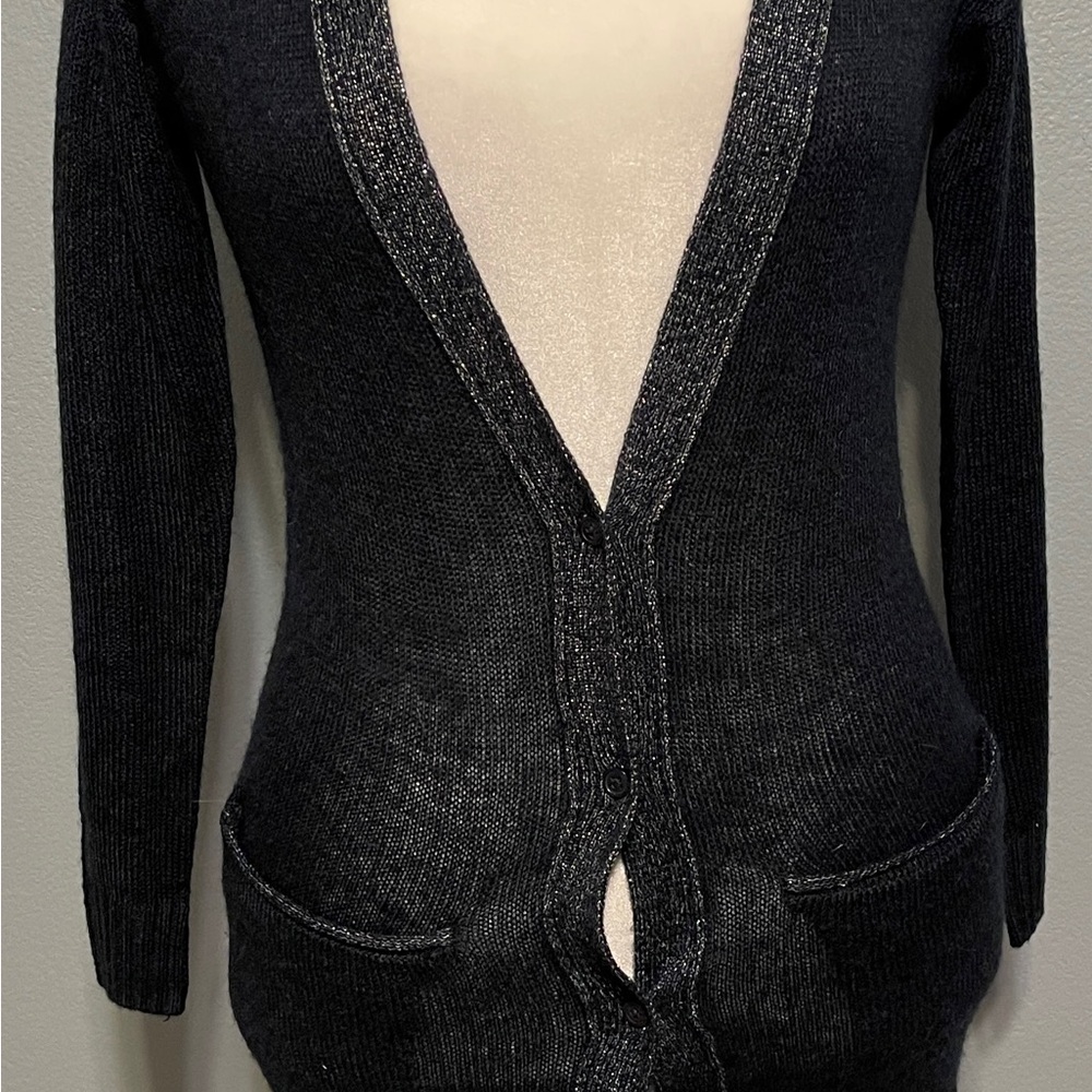 Lauren Conrad Blue Longline Cardigan Sweater Lace Trim Metallic Preppy Office XS - Picture 6 of 12